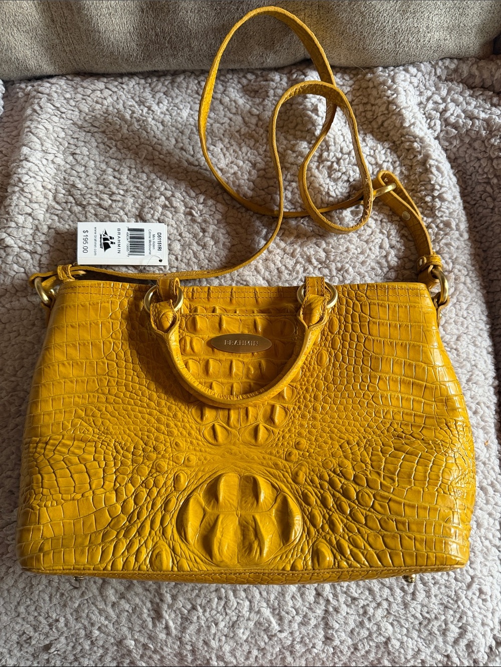 Brahmin Croc-Embossed Mustard Yellow Leather Satchel